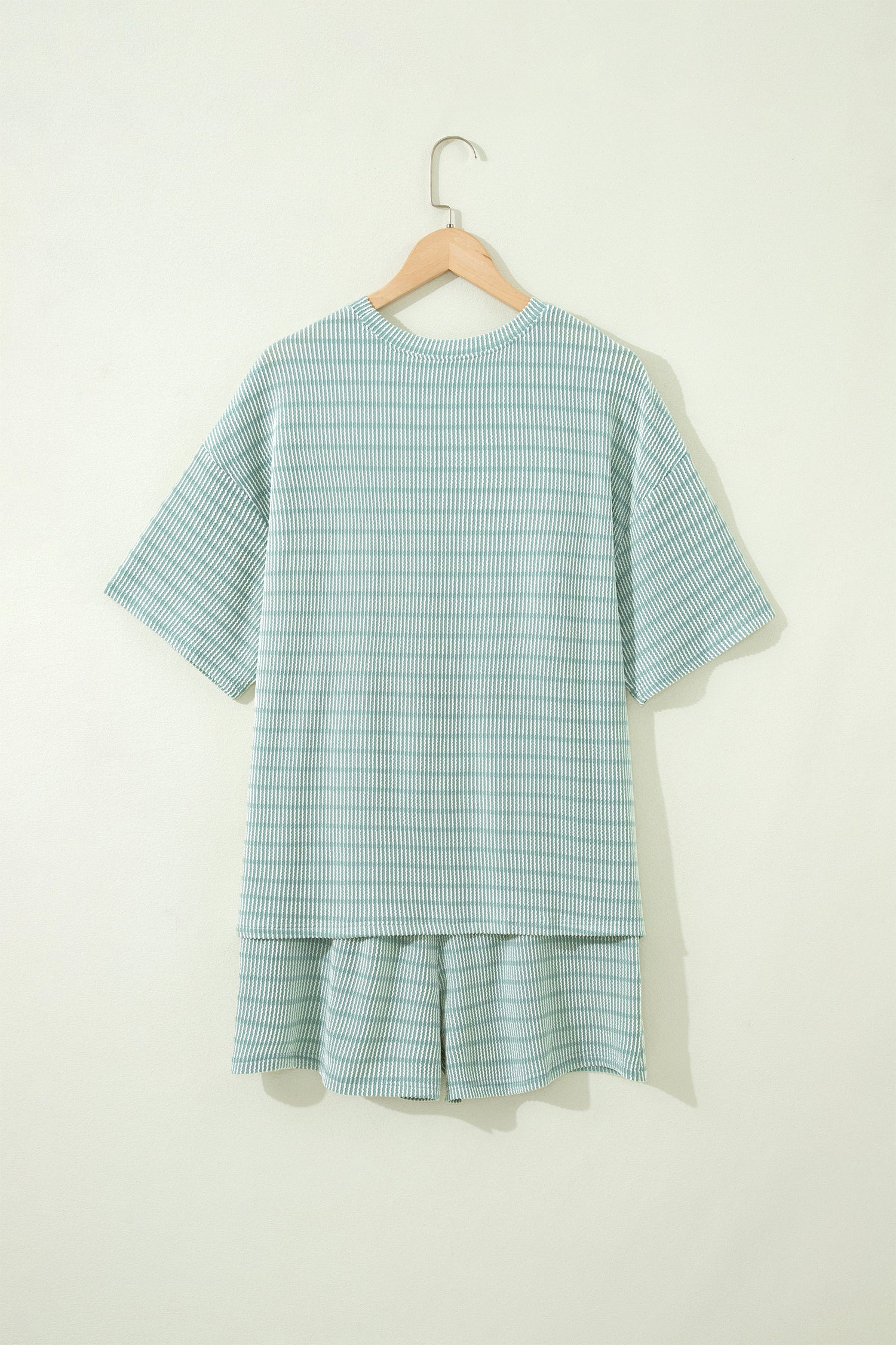 Sky Blue Stripe Raised Rib Loose Tee Drawstring Elastic Waist 2pcs Short Set