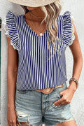 Stripe V Neck Lace Contrast Ruffle Trim Tank Top