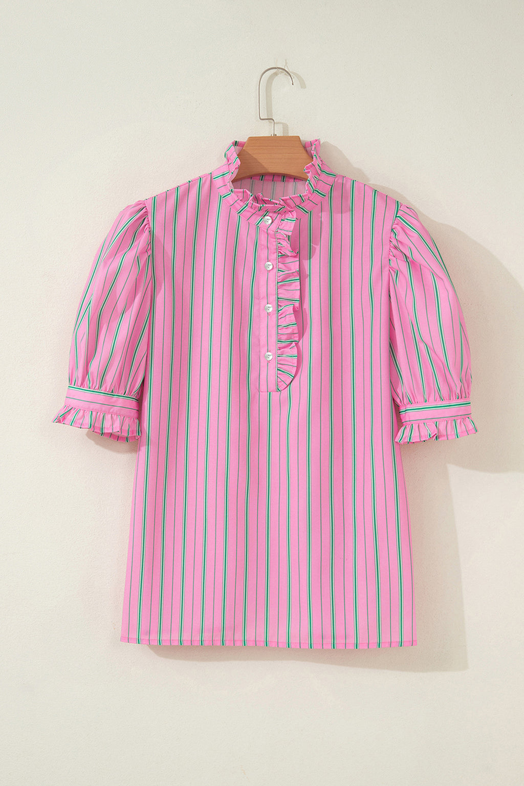 Ruffle Trim Half Button Short Sleeve Top