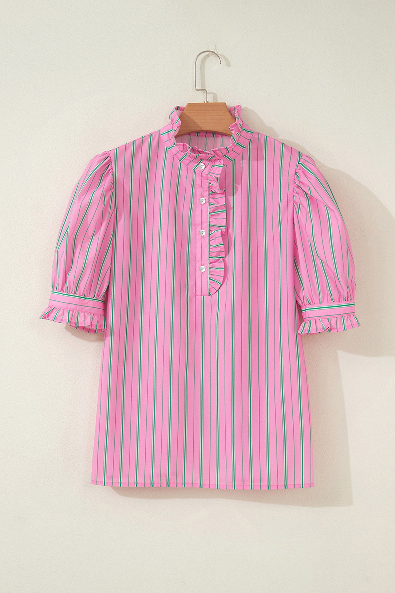 Ruffle Trim Half Button Short Sleeve Top