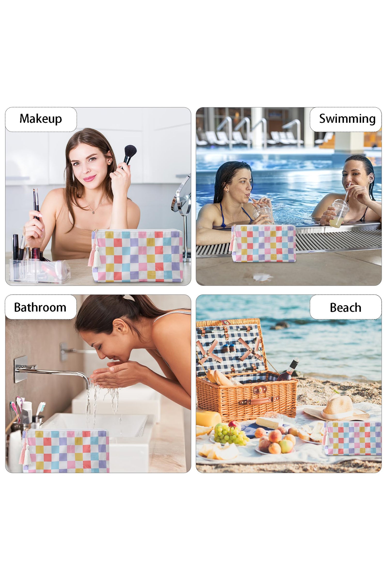 Checkered Vinyl Waterproof Tassel Makeup Bag
