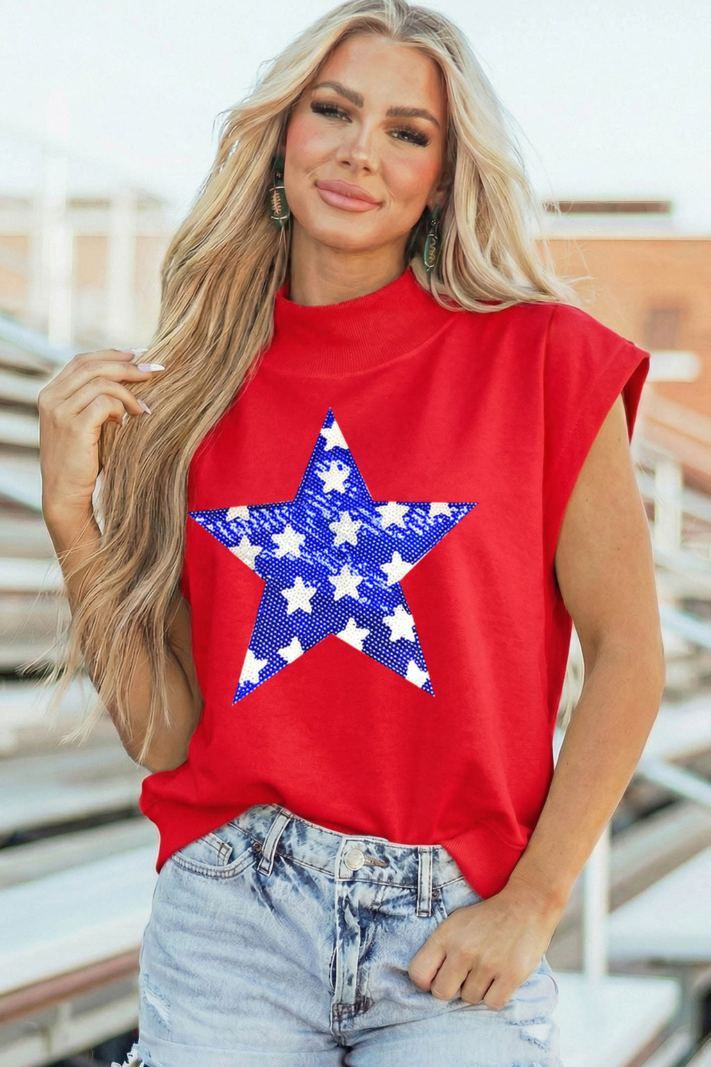 High Neck Sleeveless Star Print Casual Shift Tunic Top