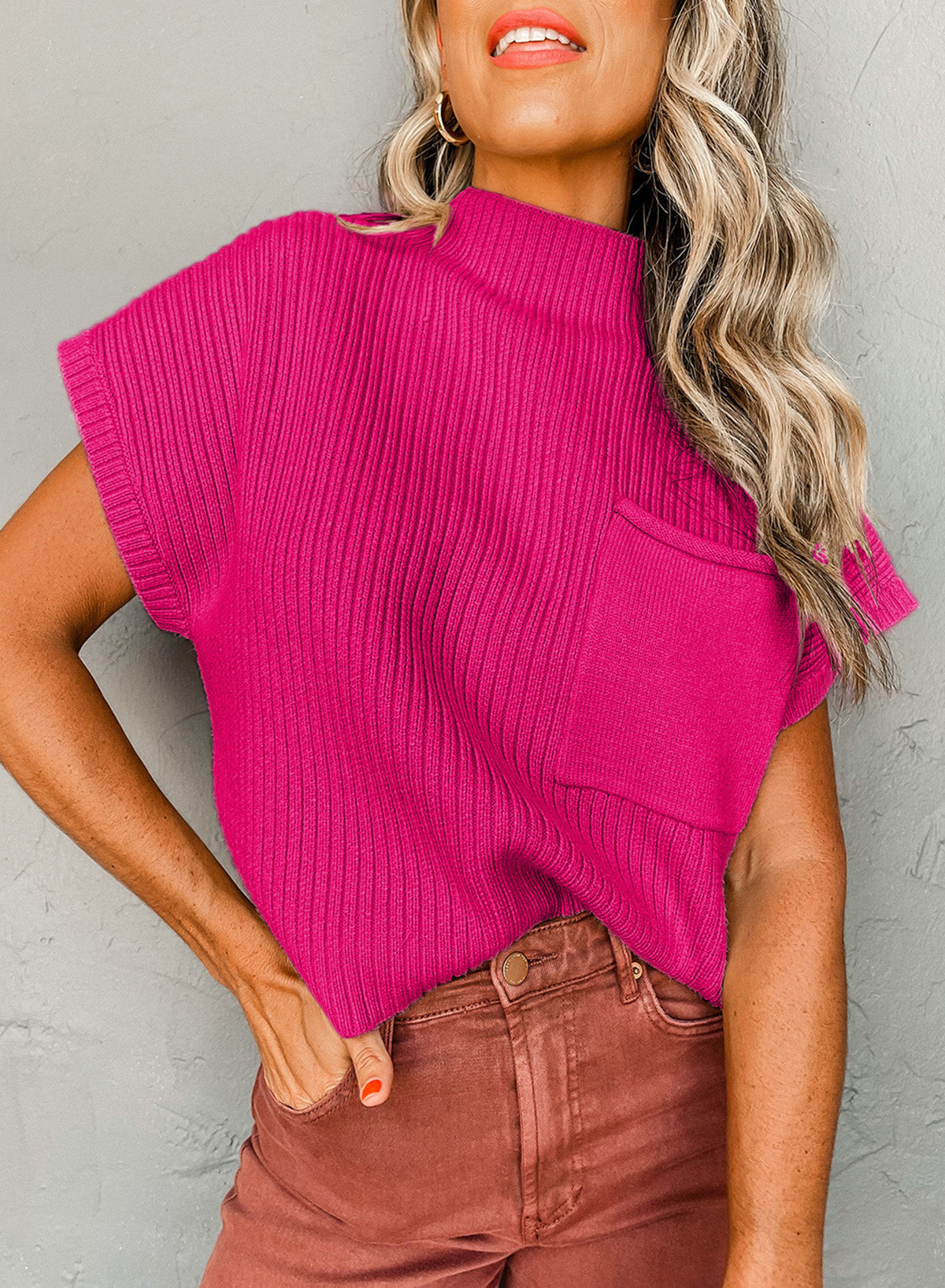Gray Patch Pocket Ribbed Knit Short Sleeve Sweater