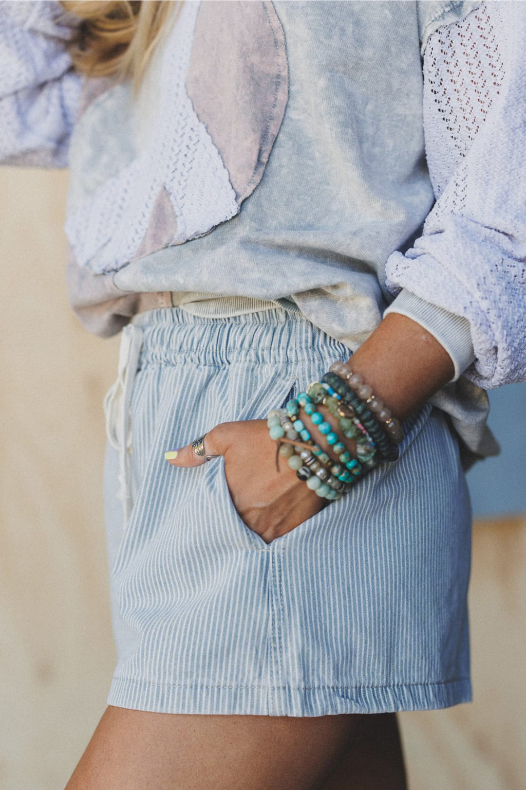 Stripe Drawstring Casual Denim Shorts