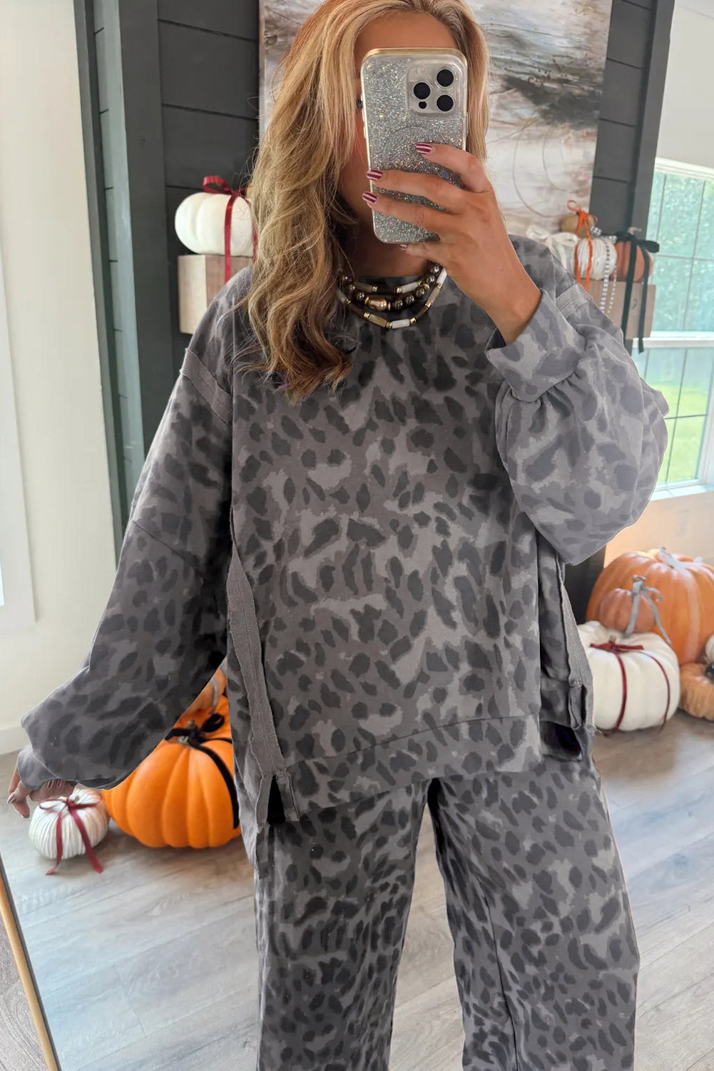 Leopard Print Pullover Drawstring Loose Pants Set