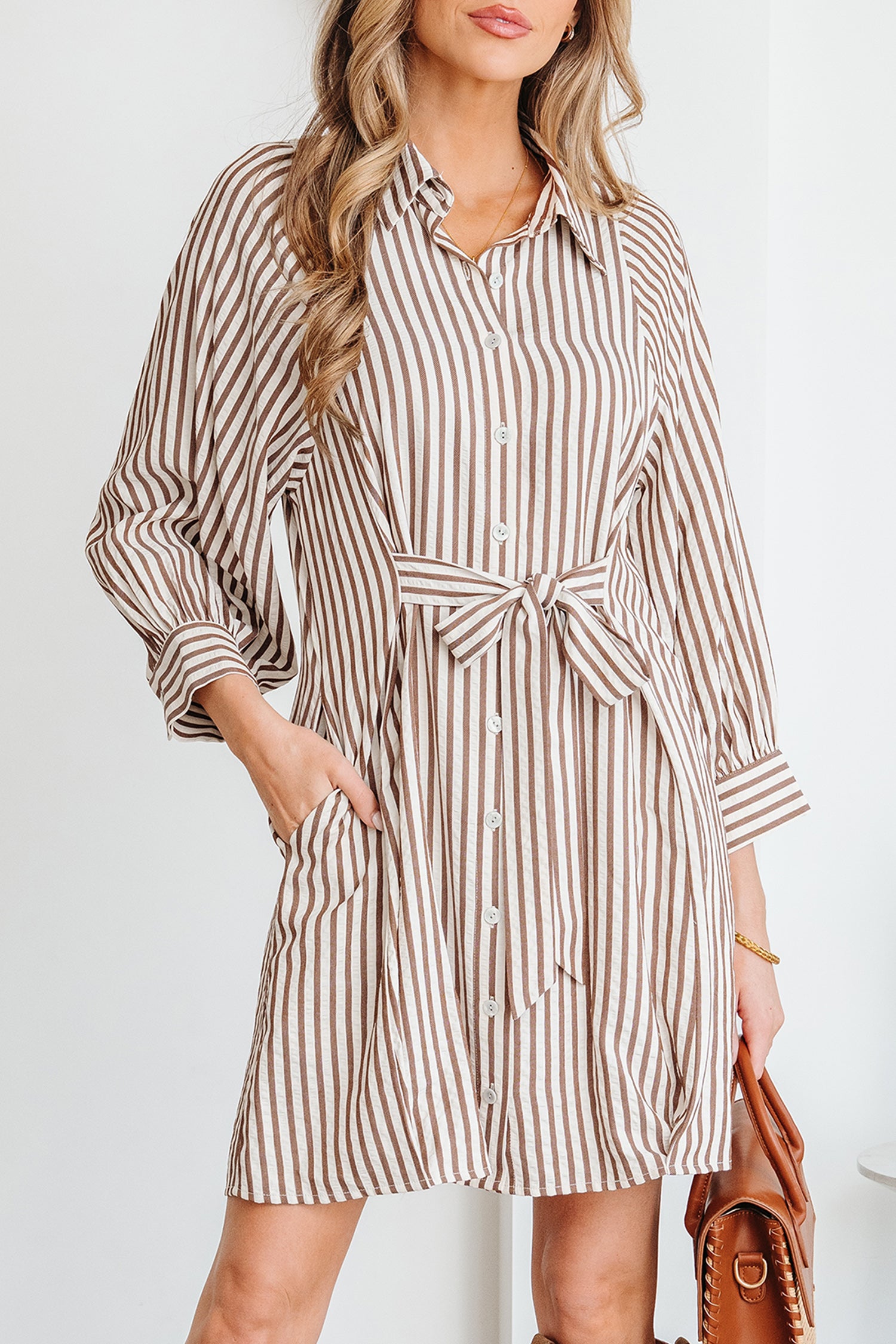 Knot Waist Puff Sleeve Button Down Mini Shirt Dress