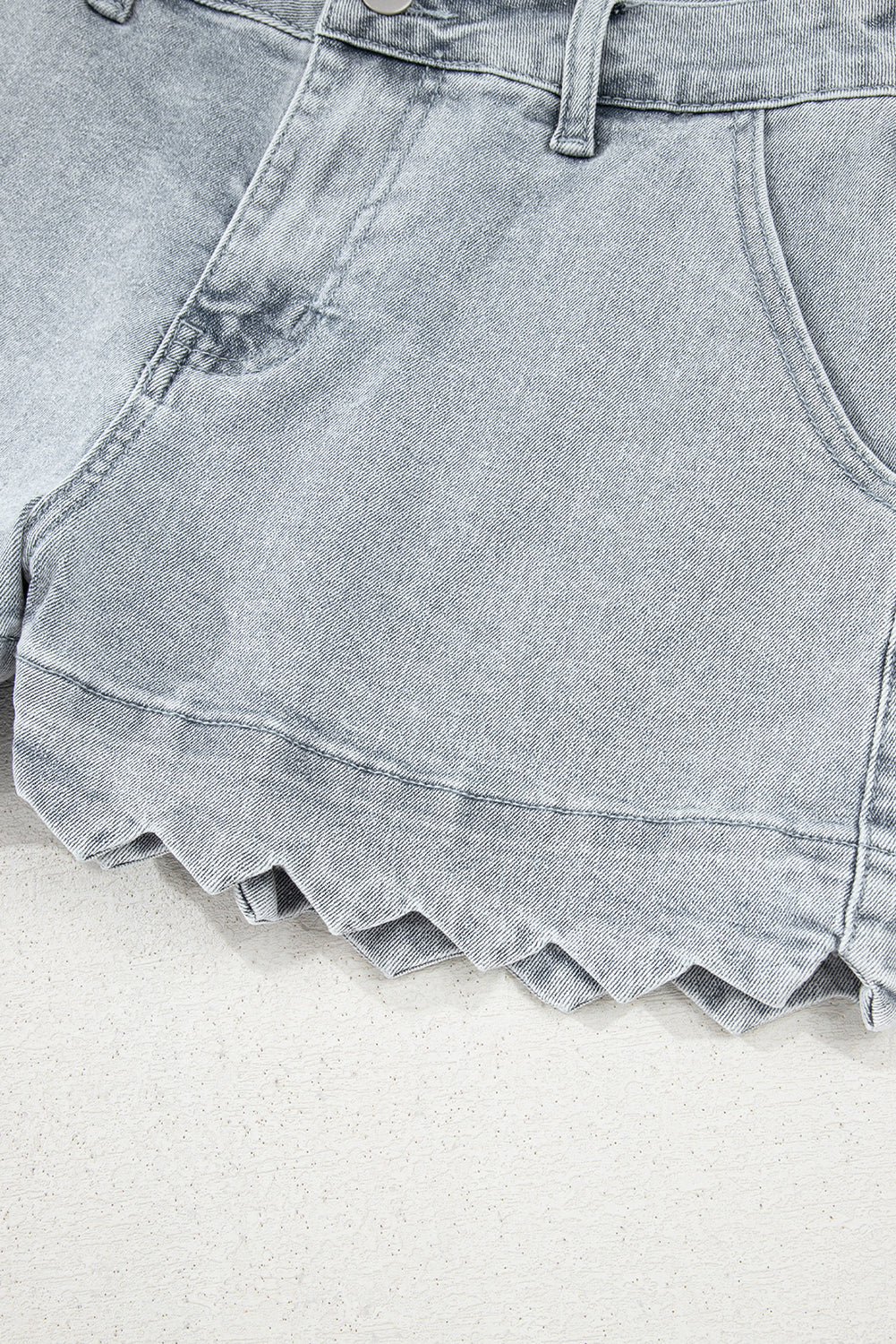 Scalloped Hemline Light Wash Denim Shorts
