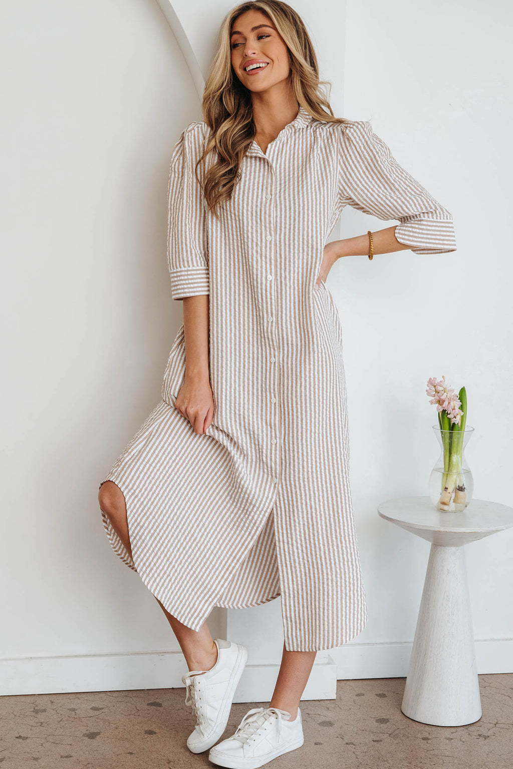 Stripe Frilled Collar Half Sleeve Shirt Maxi Dress