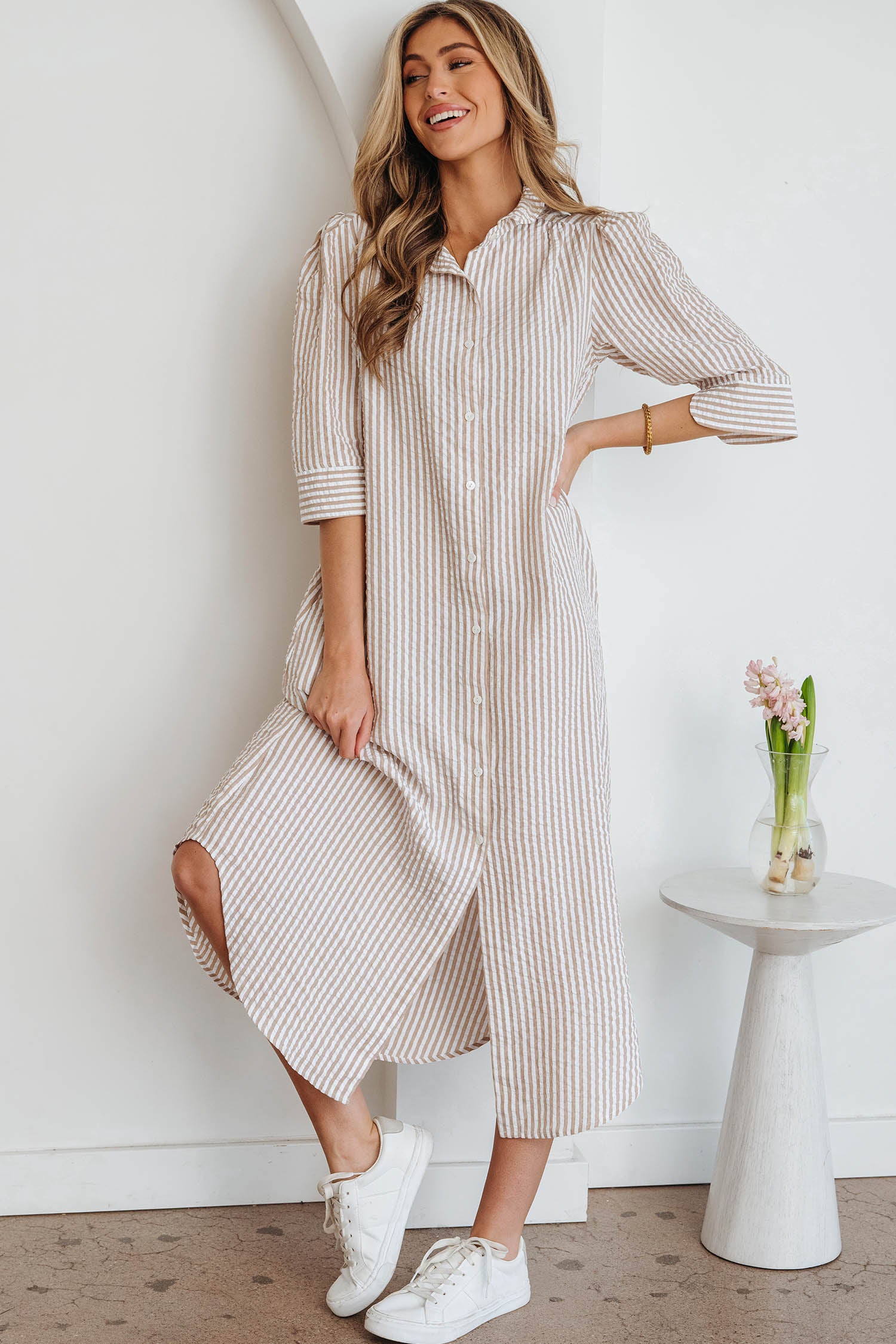 Stripe Frilled Collar Half Sleeve Shirt Maxi Dress