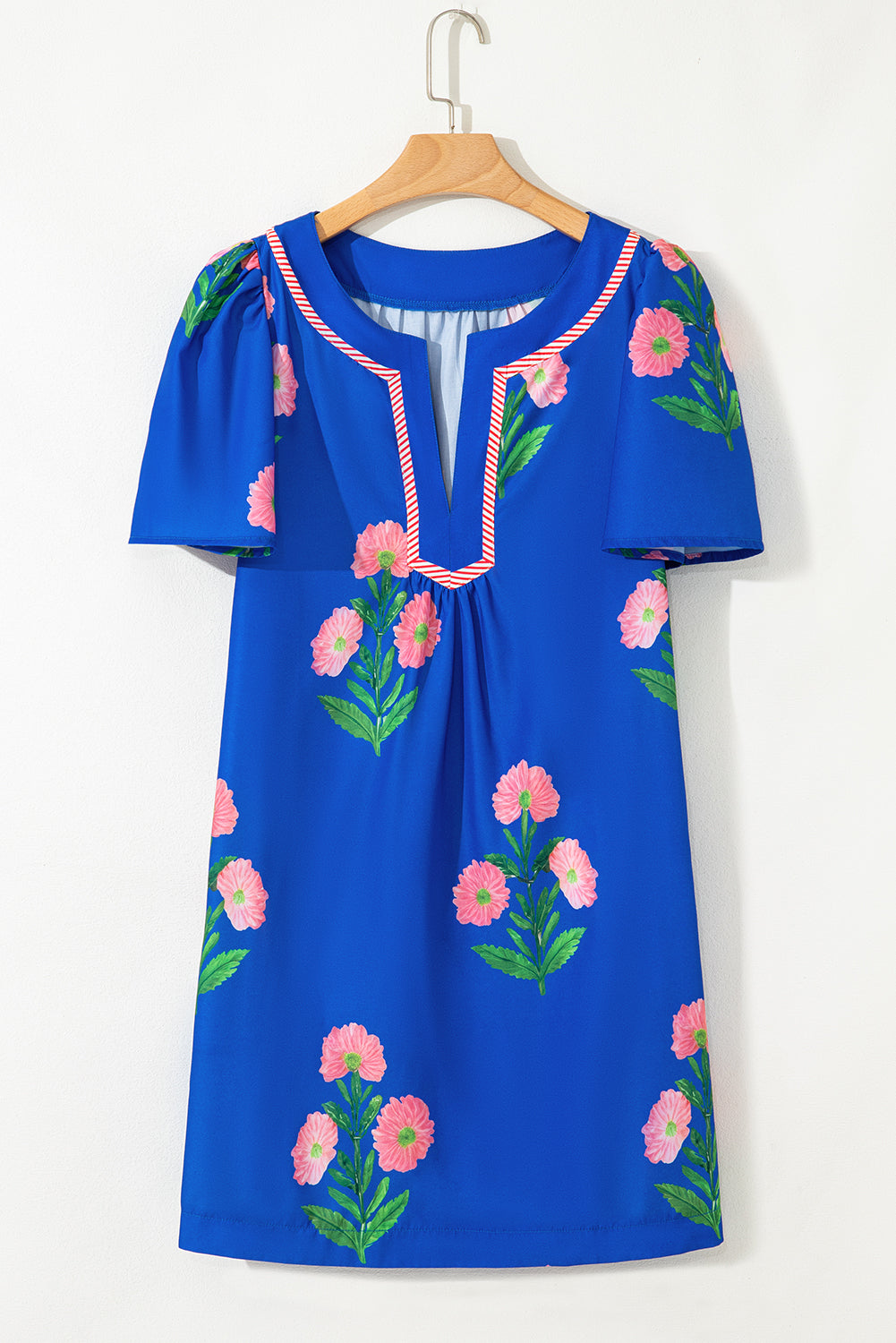 Striped Trim Short Sleeve Floral Mini Dress