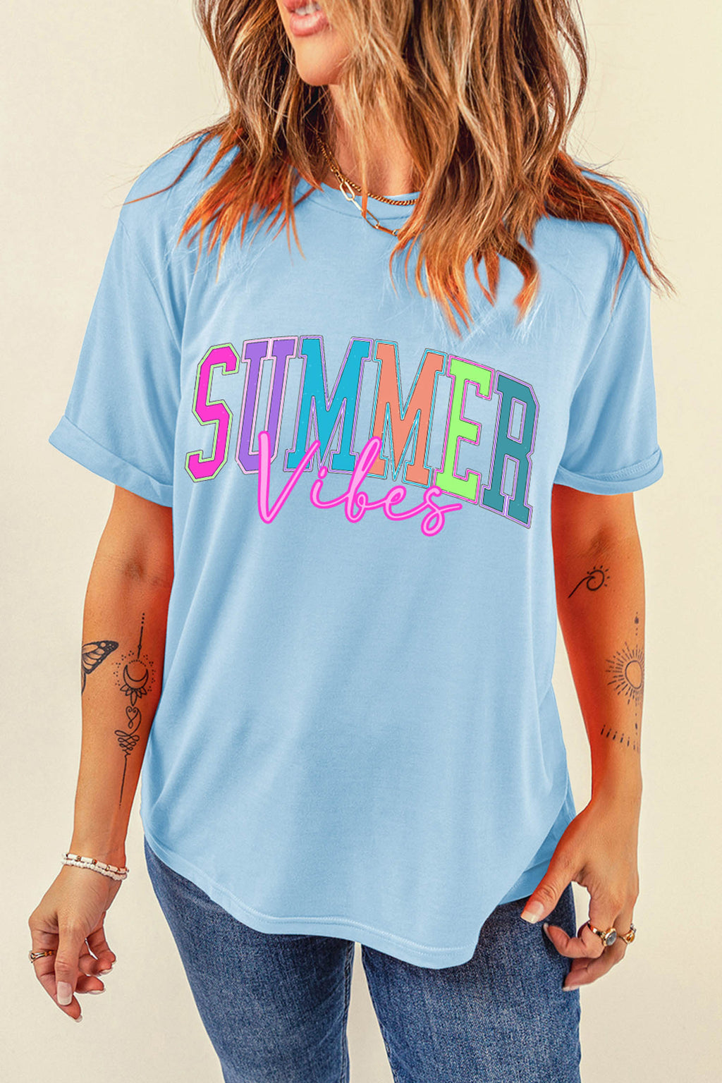 SUMMER Vibes Letter Print Round Neck Casual T-Shirt