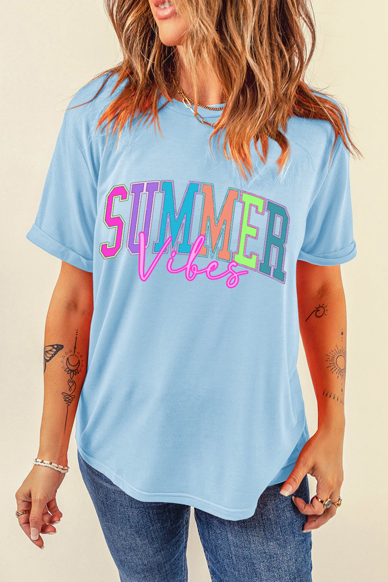 SUMMER Vibes Letter Print Round Neck Casual T-Shirt