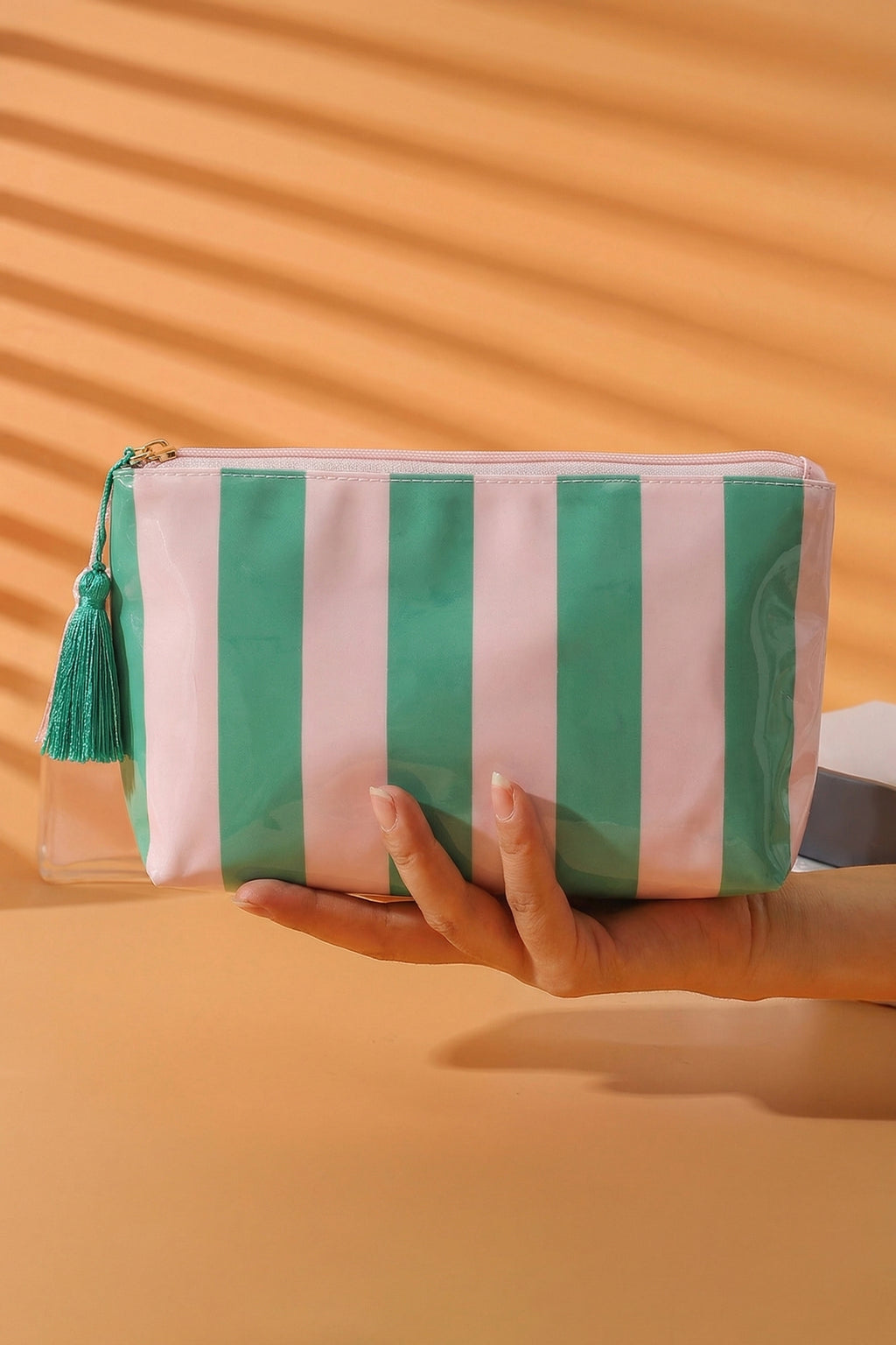 Checkered Vinyl Waterproof Tassel Makeup Bag