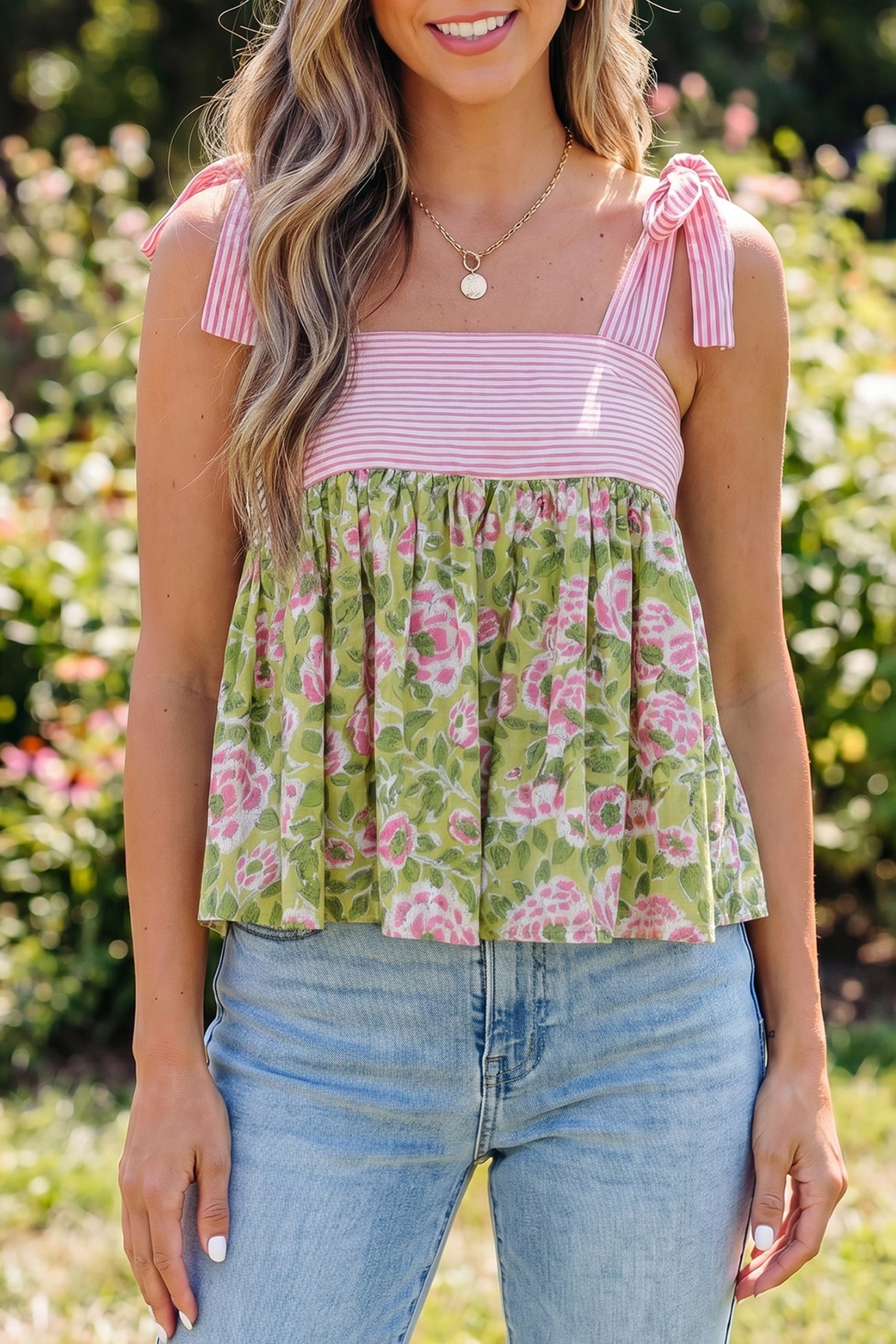 Floral Knot Straps Babydoll Tank Top