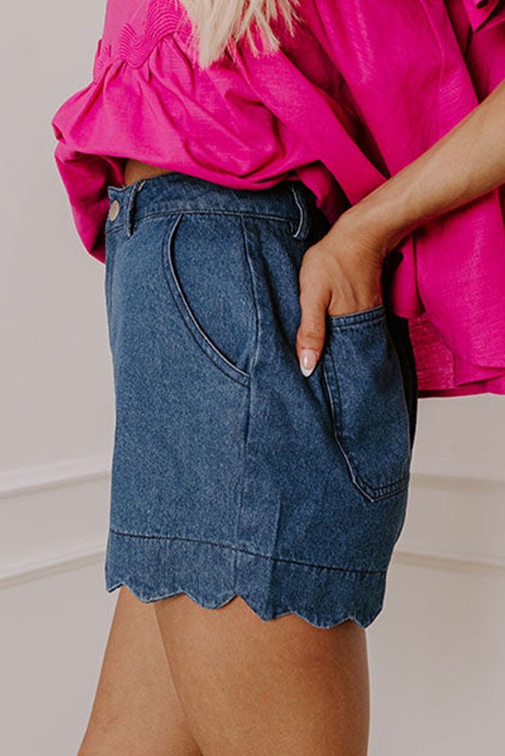 Scalloped Hemline Light Wash Denim Shorts