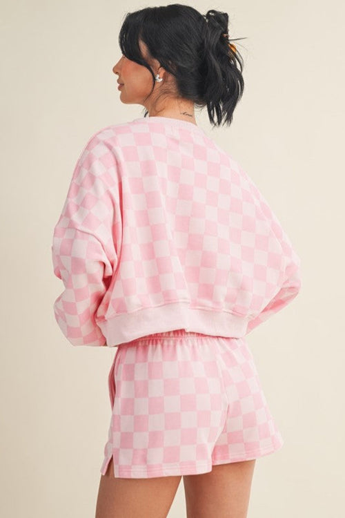 Checkered Long Sleeve Crop Top Two Piece Set