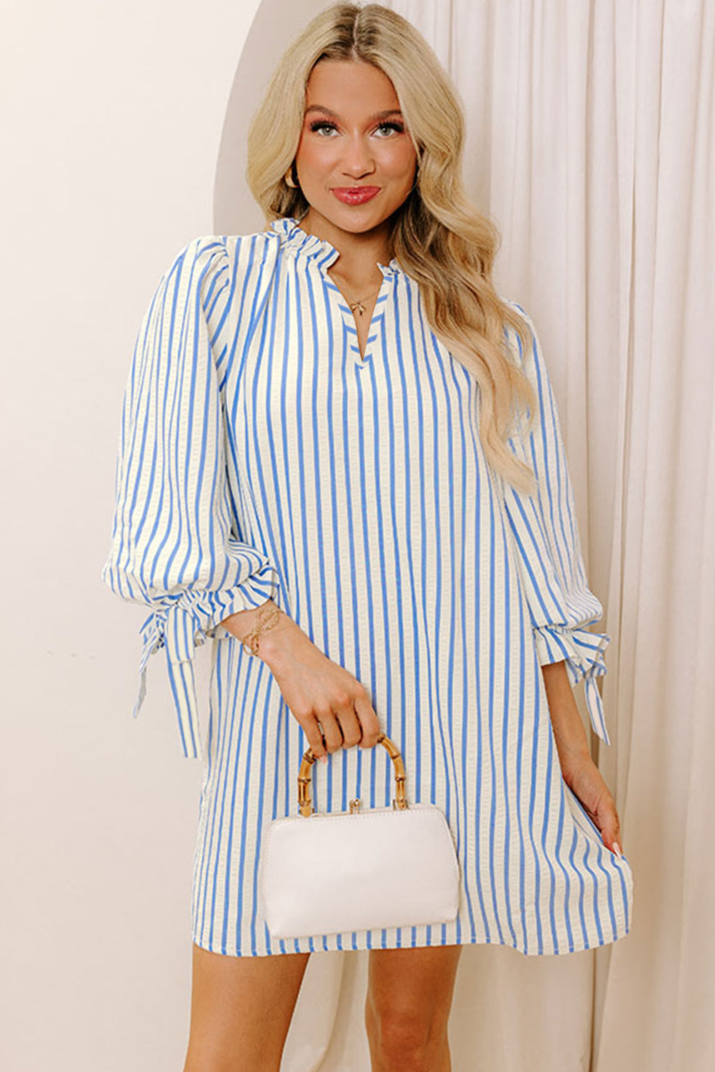 Striped Notched Neck Knot Cuffs Mini Dress