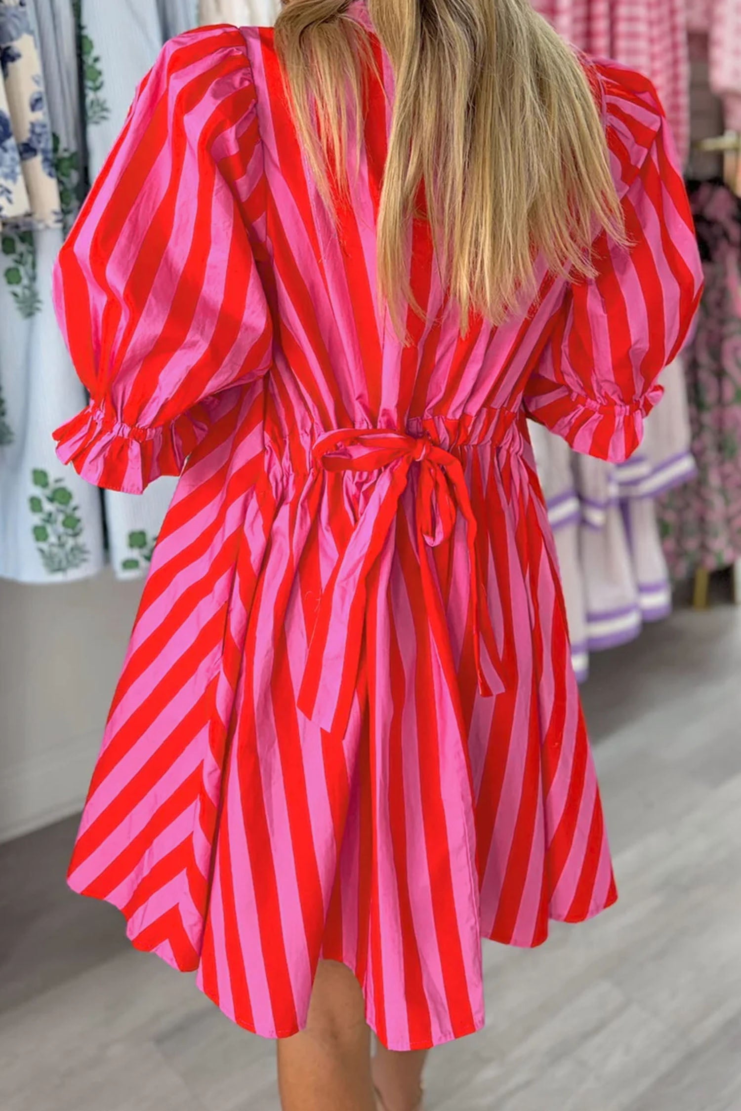 Half Button Puff Sleeve Mini Dress