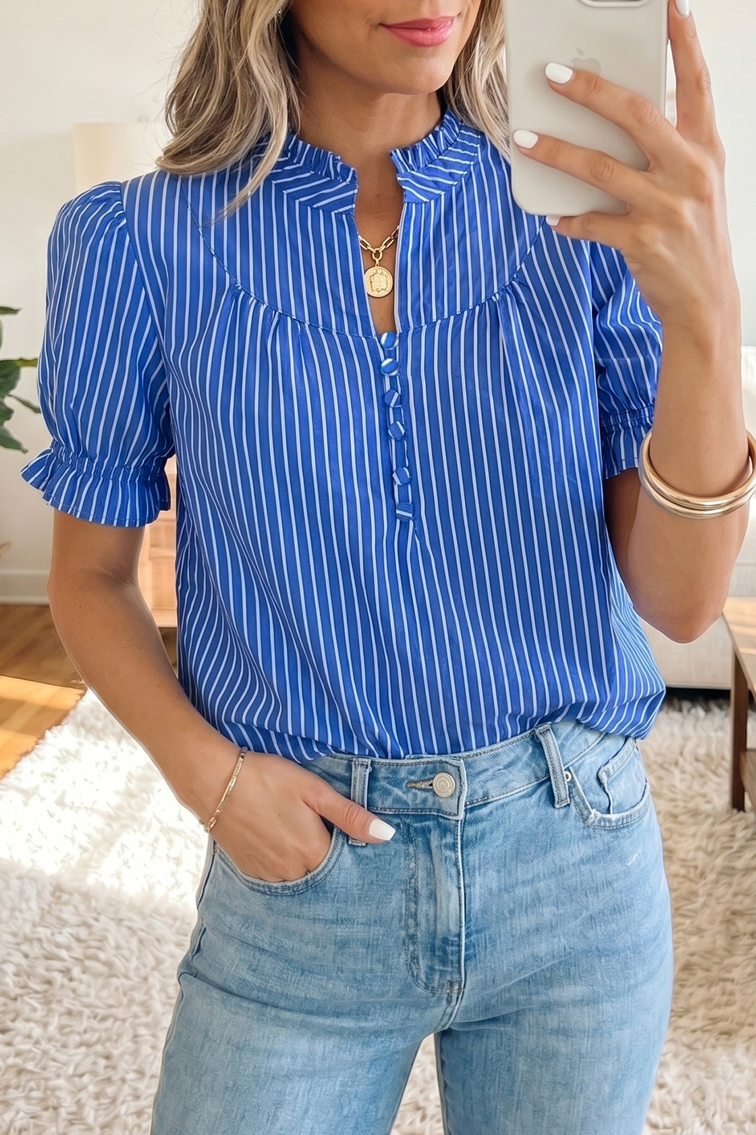 Stripe Ruffled Short Puff Sleeve Blouse