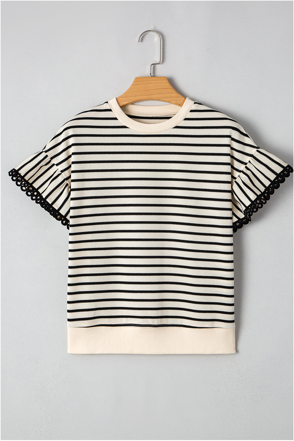 Black Stripe Scallop Ruffle Sleeves Top