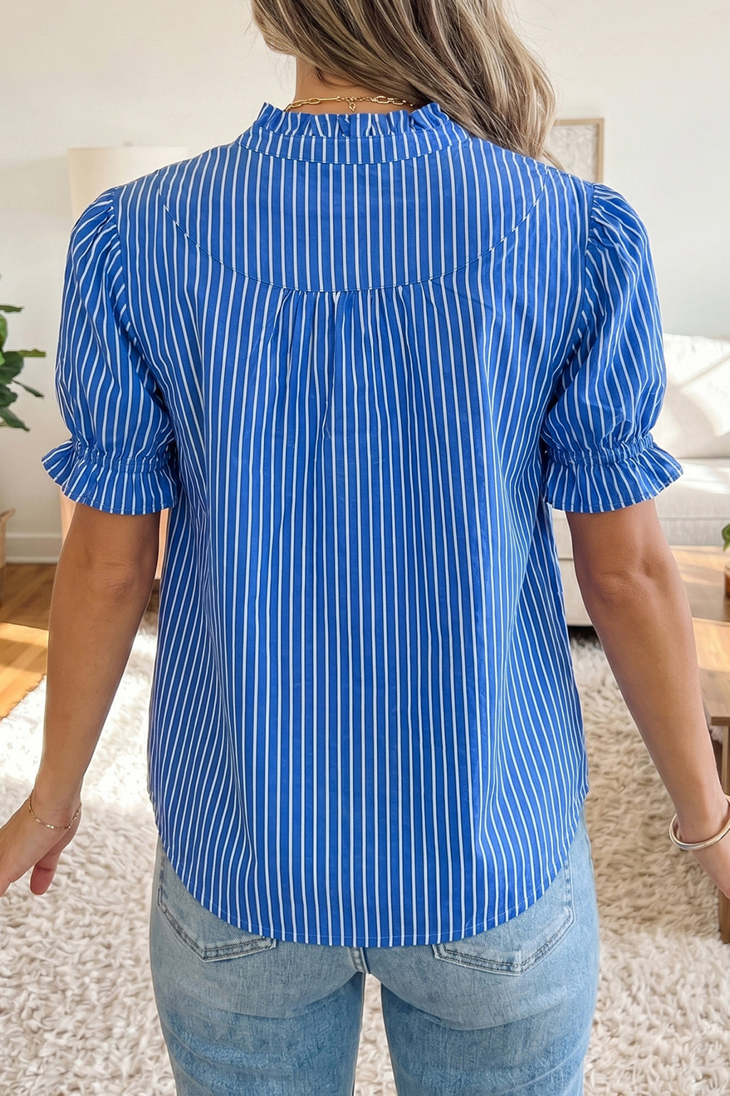 Stripe Ruffled Short Puff Sleeve Blouse