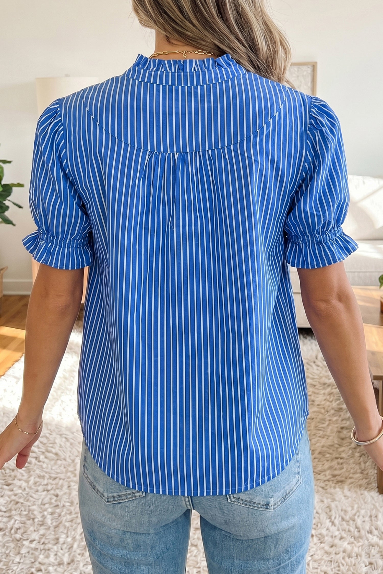 Stripe Ruffled Short Puff Sleeve Blouse