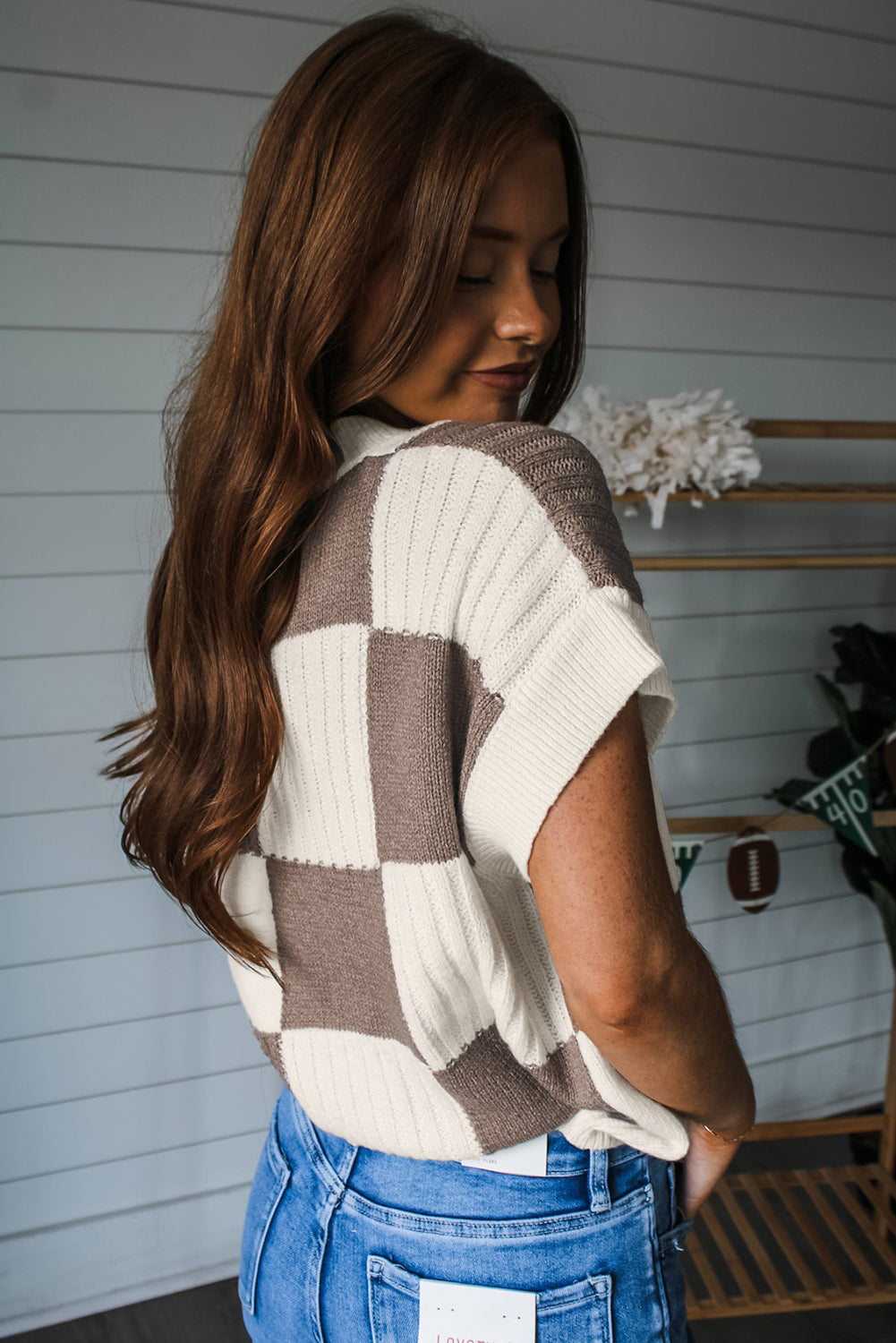 Checkered Crew Neck Short Sleeve Sweater