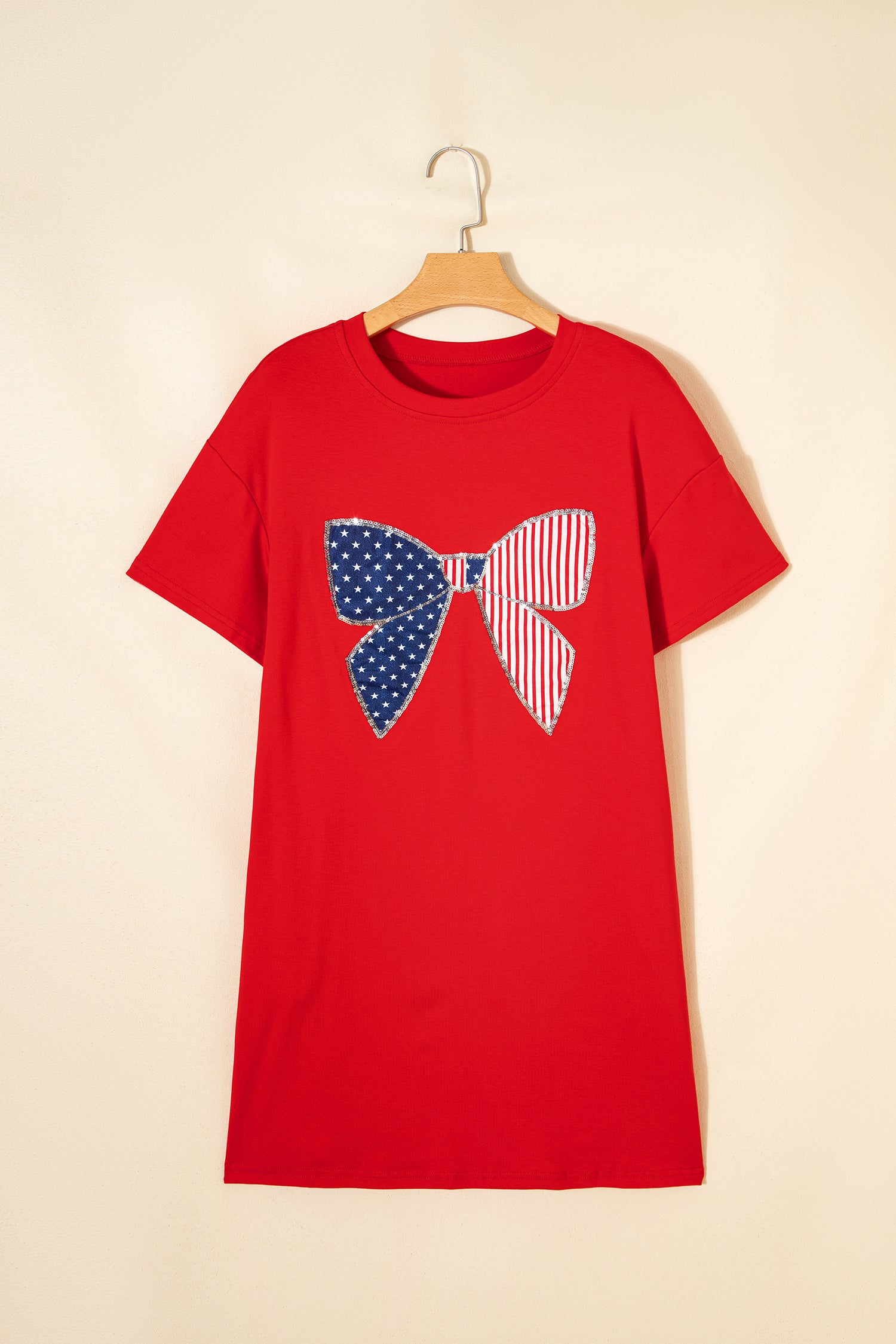 Sequin Trim Stars and Stripes Bow Patched T Shirt Mini Dress