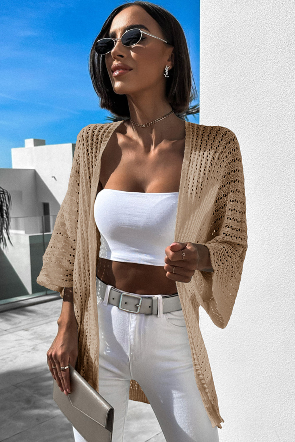 Solid Color Crochet Knit Tunic Sweater Cardigan