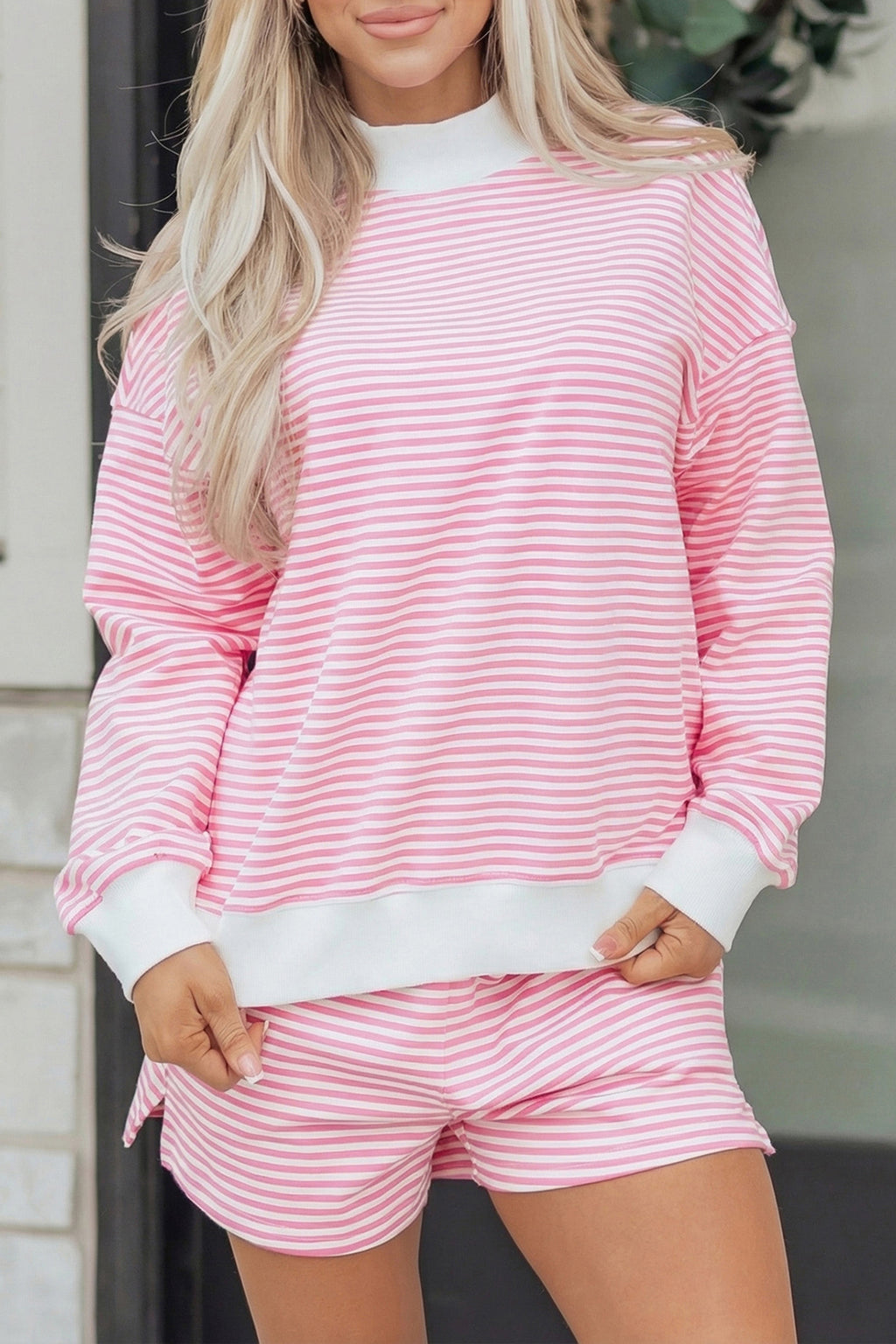 Stripe Oversize Mock Neck Sweatshirt and Shorts Set